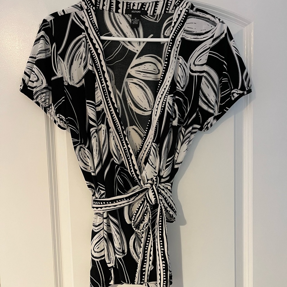 Alfani Monochrome Leaf Print Wrap Blouse